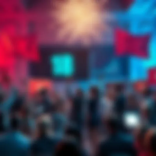 People celebrating significant milestones achieved in a long-term project, with banners and charts showing progress.