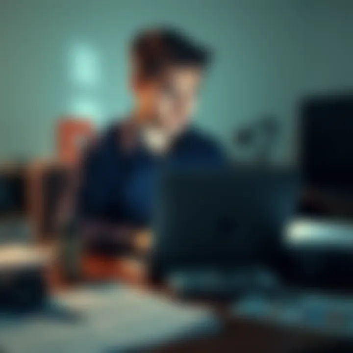 A person sitting at a desk with a laptop, looking concerned about a project status, with papers and notes around them.