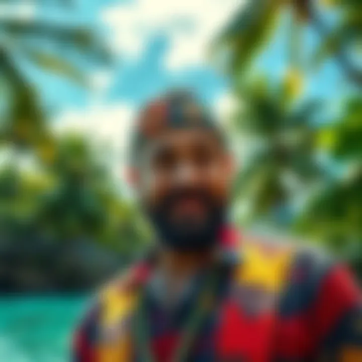 Evil Russell from Survivor appears in a colorful ad promoting Samoa, showcasing his quirky character and vibrant tropical scenery.