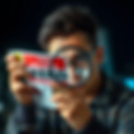 A person looking puzzled while examining a promotional flyer with a magnifying glass, symbolizing doubt about its legitimacy.