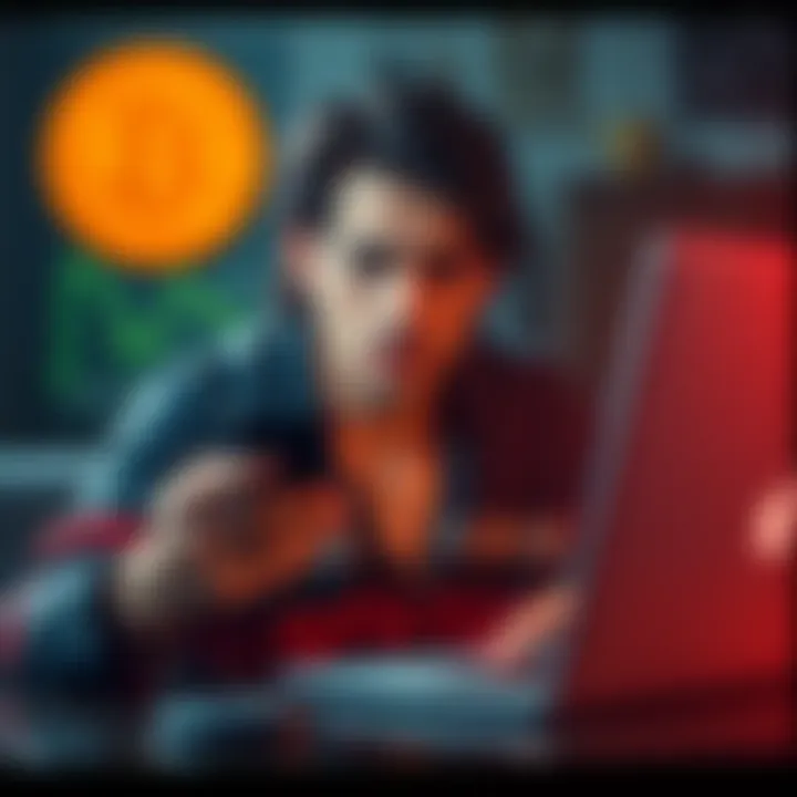 A person looking worried while checking their phone and laptop for phishing scams related to bitcoin
