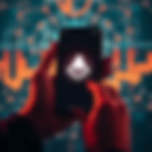 A person holding a smartphone displaying Monero's logo, symbolizing financial independence and cryptocurrency mining efforts, with a secure digital background.