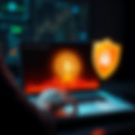 A person using a laptop with a Bitcoin logo on the screen and a shield icon representing privacy protection