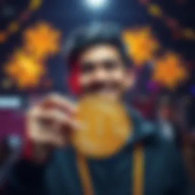 A person smiling while holding a Bitcoin symbol with a celebratory background.