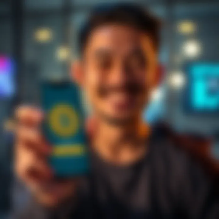 A person smiling while holding a smartphone displaying a Bitcoin wallet app, showing 0.01 BTC balance.