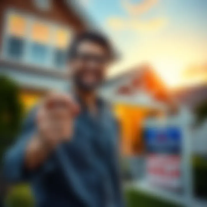 A happy person holding house keys in front of a new home with a 'Sold' sign
