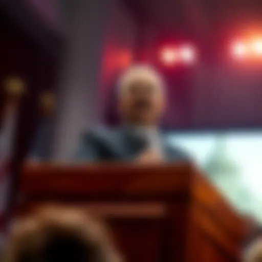 A public figure confidently speaking at a podium, engaging the audience with a controversial statement.