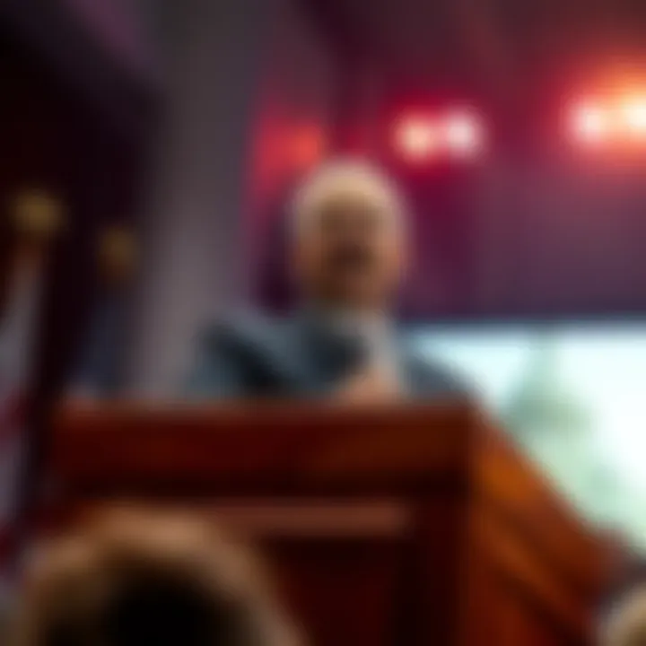 A public figure confidently speaking at a podium, engaging the audience with a controversial statement.