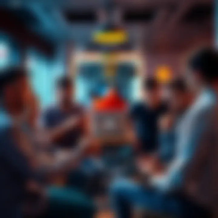 Public opinions on Monero A group of people discussing Monero's value and use in a casual setting, with laptops and phones displaying cryptocurrency charts and forums.