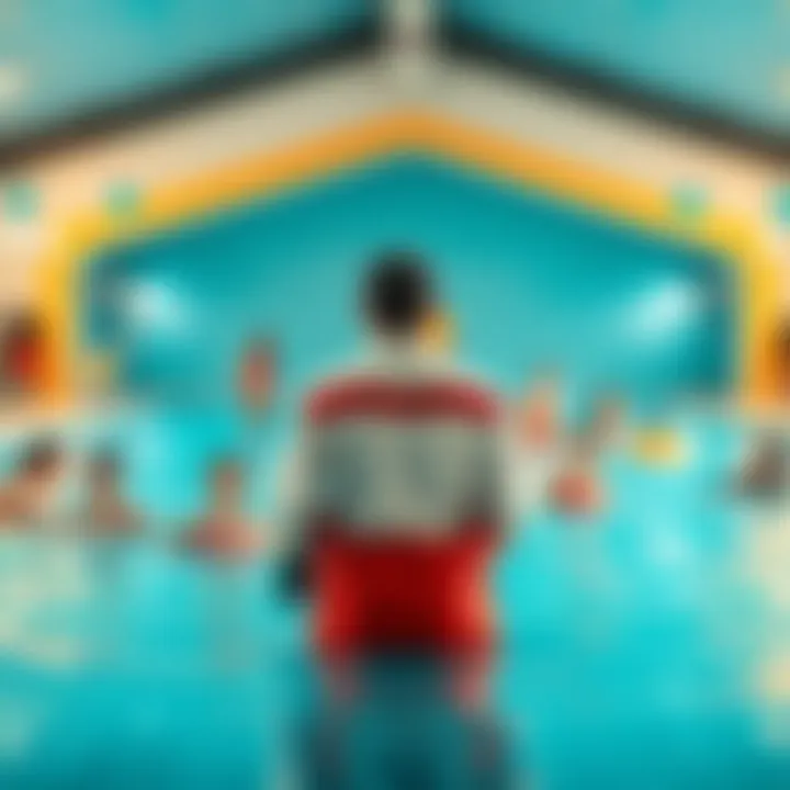 Public Pool with Lifeguard A clear and secure public swimming pool with a lifeguard on duty, surrounded by happy people enjoying the water.