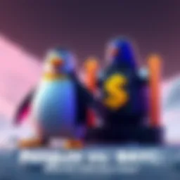 A Pudgy Penguin character standing next to a representation of a BAYC NFT, with a dollar sign and upward arrows symbolizing value comparison.