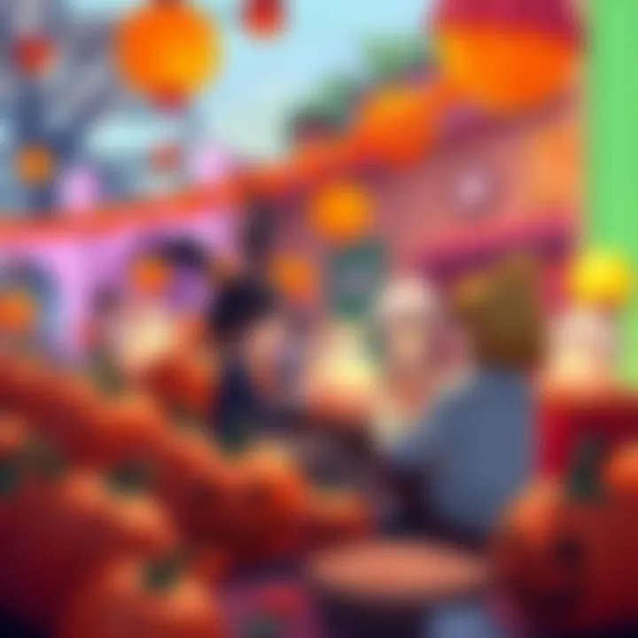 A colorful scene from Pumpkin Party in Lovely World featuring pumpkins, decorations, and characters celebrating together.