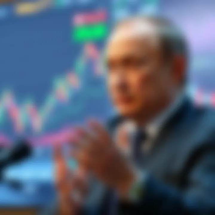 Putin's senior advisor speaking at a press conference about the US plans to convert debt into stablecoins, with a backdrop of financial charts and graphs.