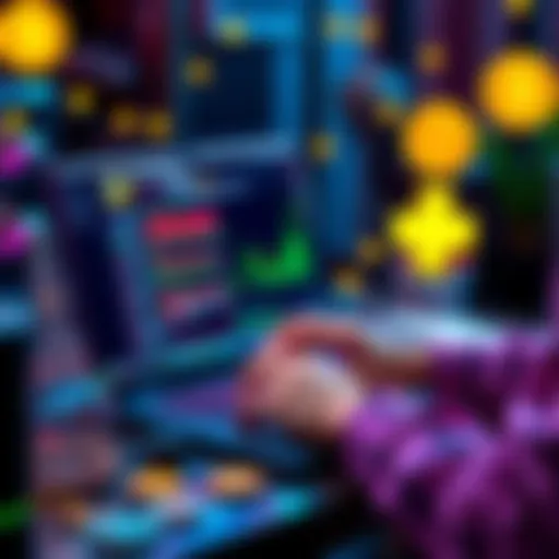 A person coding a meme coin trading bot on a laptop with cryptocurrency symbols around
