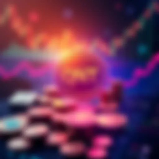A digital representation of the QNT token symbolizing finance and morality, surrounded by financial elements like coins and charts.