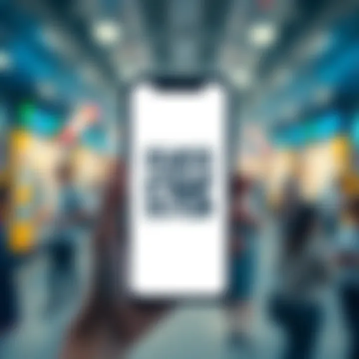A smartphone displaying a QR code for wallet transfer, with a blurred background of people using their phones.