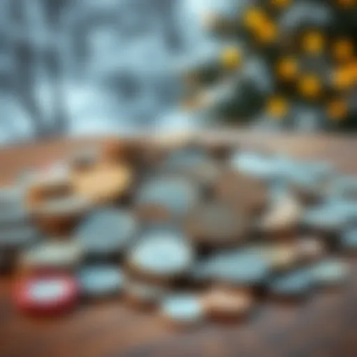 A collection of uncleaned coins displayed on a wooden table, showcasing various styles and ages, with a winter-themed background.