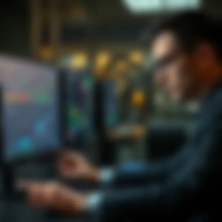 A worried financial analyst looking at graphs and data on a computer screen, symbolizing quantum risks impacting the financial sector.