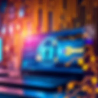 Illustration of a computer with digital locks and a quantum computer breaking an ECC encryption key