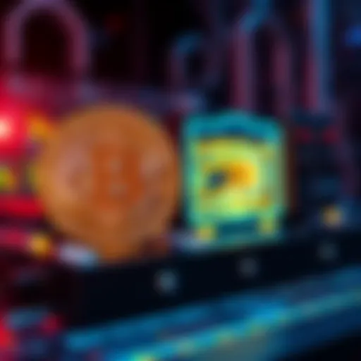 A visual representation of a quantum computer next to a Bitcoin coin, symbolizing the potential impact of quantum technology on cryptocurrency security.