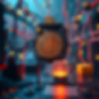 A quantum computer hovering over a Bitcoin symbol, illustrating the threat to cryptocurrency security