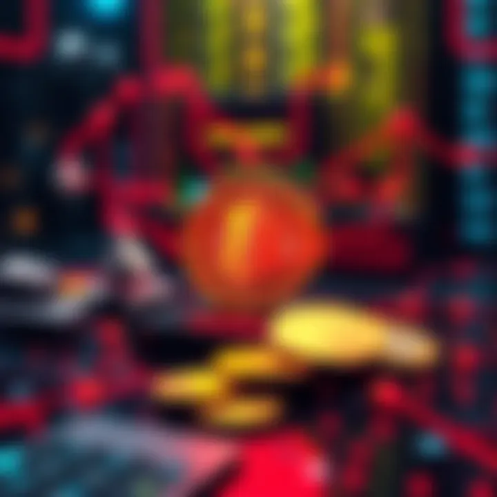 A visual representation of a quantum computer interacting with various cryptocurrency symbols like Bitcoin and Ethereum, highlighting the concept of security against quantum threats.