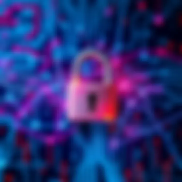 Quantum Computing Threat A digital representation of quantum computing symbols and a locked padlock, illustrating the threat to current cryptographic systems.