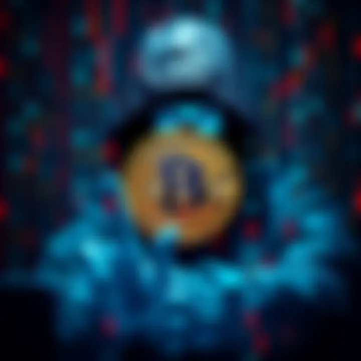 A hacker with a digital interface is working on breaking Bitcoin's encryption, surrounded by binary code and quantum elements.