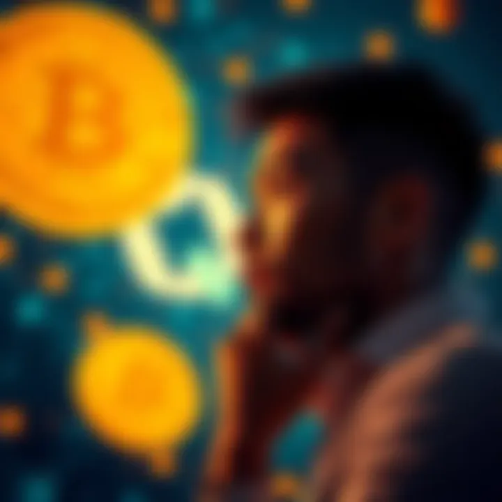 Qubic Founder and Bitcoin Connection A person pondering with Bitcoin symbols and Qubic logo in the background, representing the connection between cryptocurrency founders.