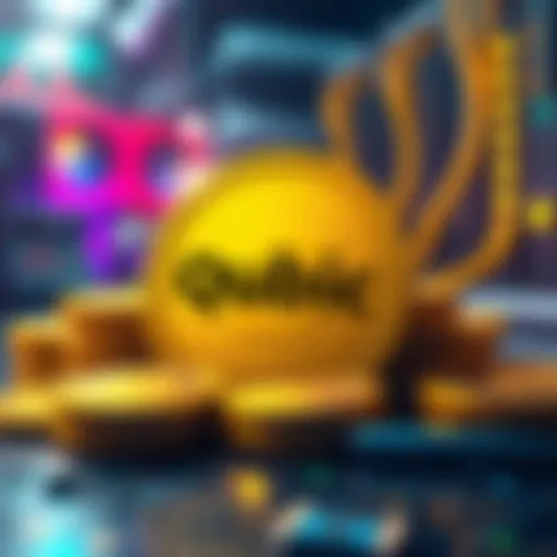 An illustration showing Qubic's logo with Dogecoin coins and mining equipment in the background.
