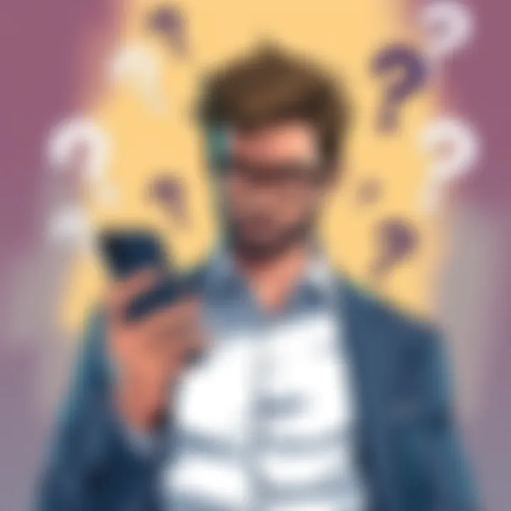 An illustration showing a businessman looking doubtful while holding a smartphone, surrounded by question marks, symbolizing uncertainty about his investment plans.