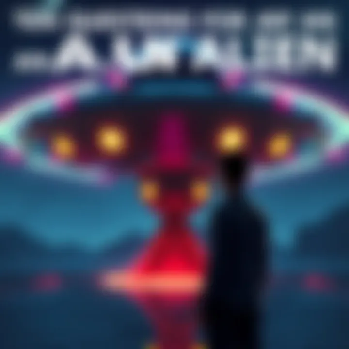 An illustration of a person standing in front of a colorful alien spaceship, contemplating questions to ask extraterrestrials.