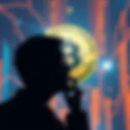 A person thinking with a Bitcoin logo in the background, representing curiosity about Satoshi Nakamoto.