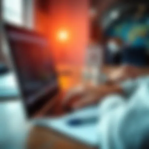 A person searching for quick job listings on a laptop with a notepad and pen