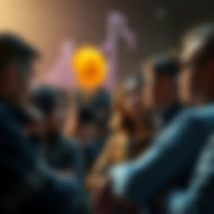 A group of people discussing quietly about a coin with a rising value, showing caution and reflection on their faces.