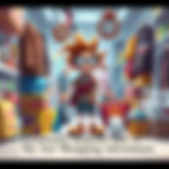 A cartoonish depiction of a quirky shopping spree featuring an eccentric character surrounded by humorous items, illustrating the randomness of impulsive purchases.