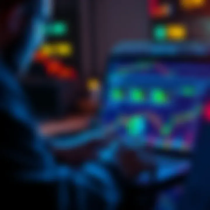 A person analyzing charts and data on a laptop related to R-Bitcoin trading strategies