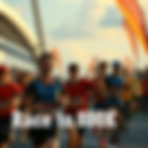 A group of enthusiastic participants gearing up for a race, showing determination and energy, with a crowd cheering them on in the background.