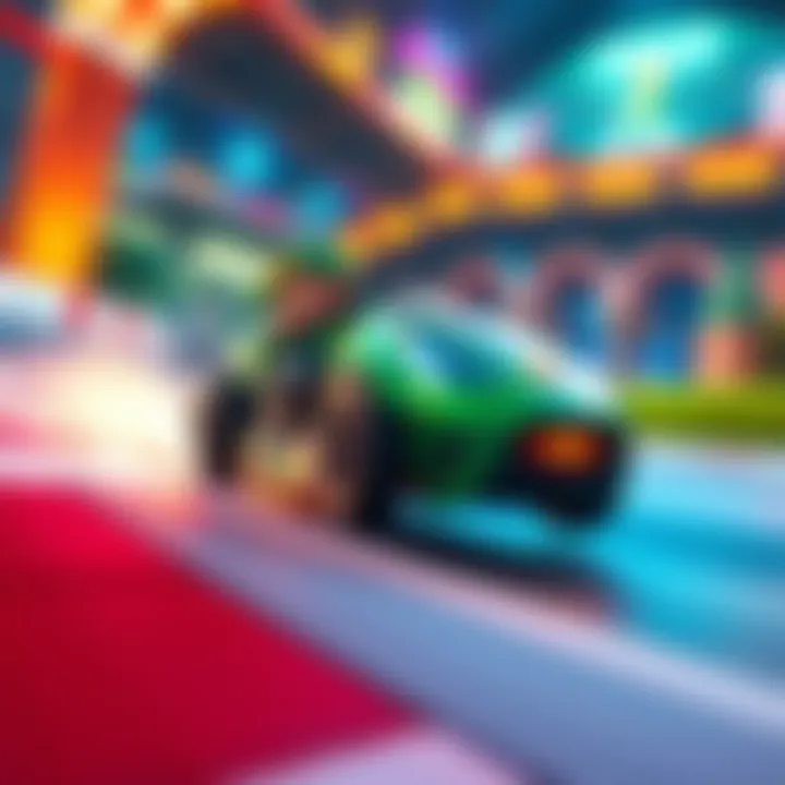 A racer executing a link barrel roll in a vibrant video game setting, showcasing speed and skill on a racetrack.