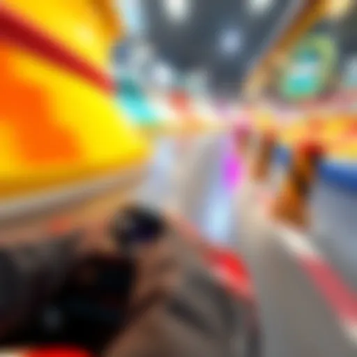 Racer Minigame Action A player controlling a racing car in the Racer Minigame, speeding past colorful obstacles on a dynamic track