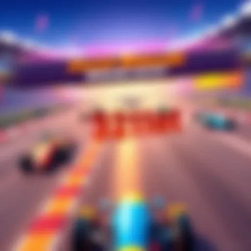 A vibrant image showing a race track with colorful cars competing. The goal is to finish in 321st place, with a banner announcing the contest and 1,000 Atlas Bucks prize.