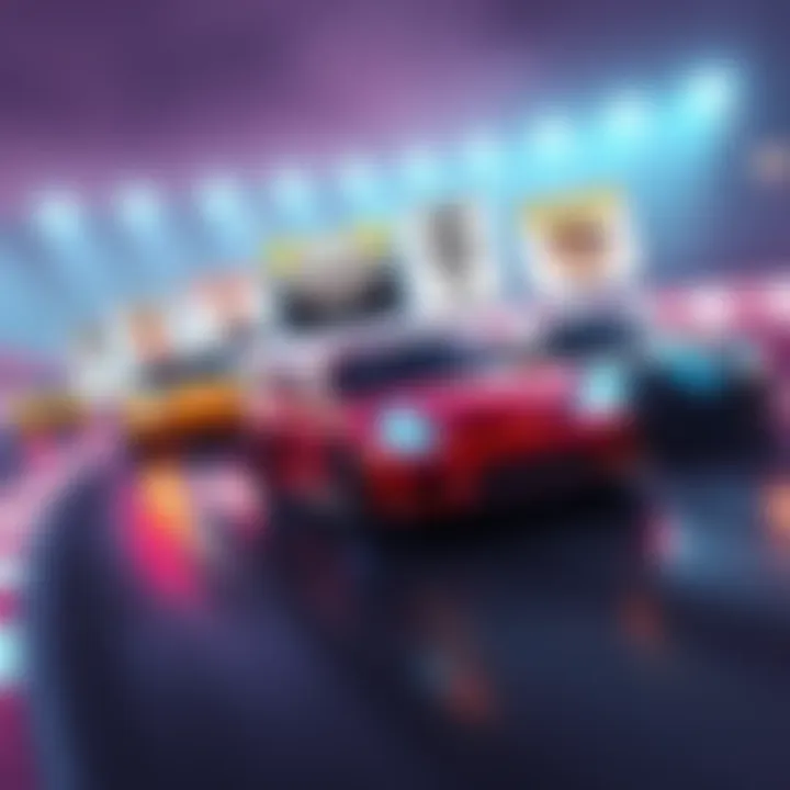 A colorful scene showing cars racing on a track with funny memes displayed above each car, highlighting the humor in the gaming experience.