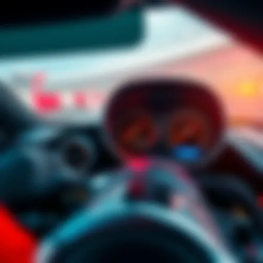 A close-up view of a car engine with gauges showing speed and performance metrics, set against a racetrack background.