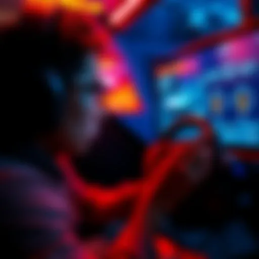 A gamer looking frustrated while playing a racing mini game, focusing on the screen with cars and shift indicators.