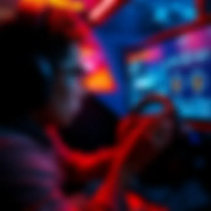 A gamer looking frustrated while playing a racing mini game, focusing on the screen with cars and shift indicators.