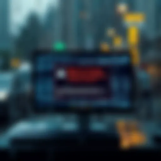 A visual representation of a computer screen displaying a security alert related to software vulnerabilities, with rain graphics in the background.