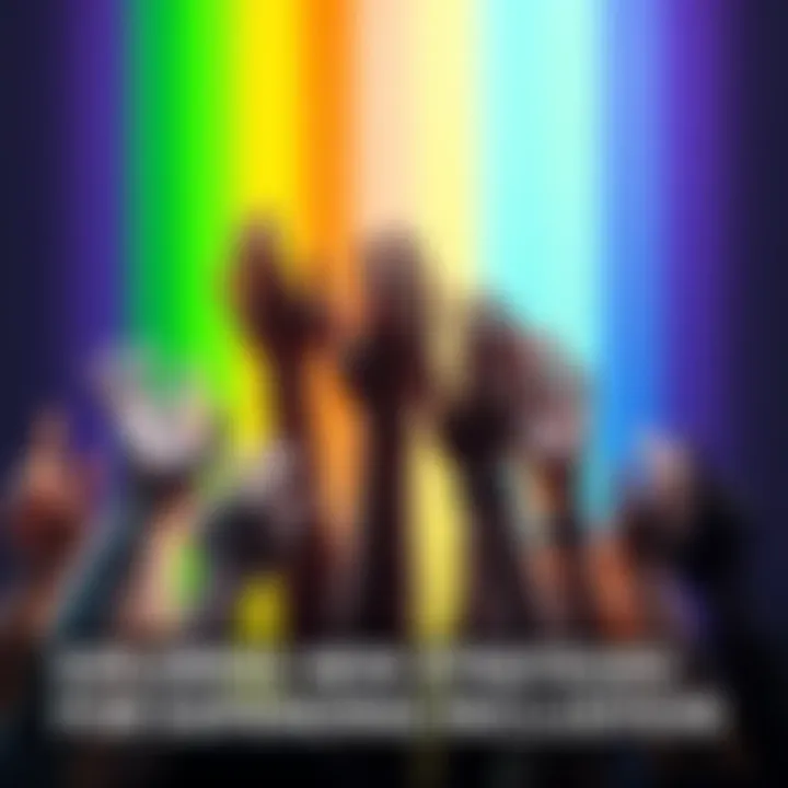Colorful Rainbow with Diverse Hands A vibrant rainbow with hands of different skin tones reaching towards it, symbolizing inclusivity and unity.