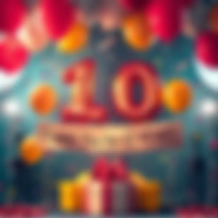 A festive scene with balloons and confetti celebrating Raiz's 10 year anniversary, featuring a banner that reads 'Thank You for 10 Years'