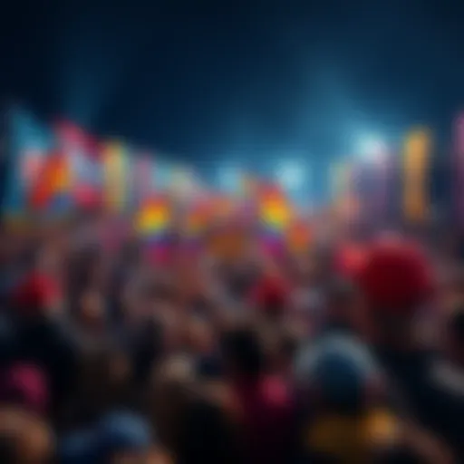 A large crowd gathers at a rally with colorful banners and signs, excited for the event.