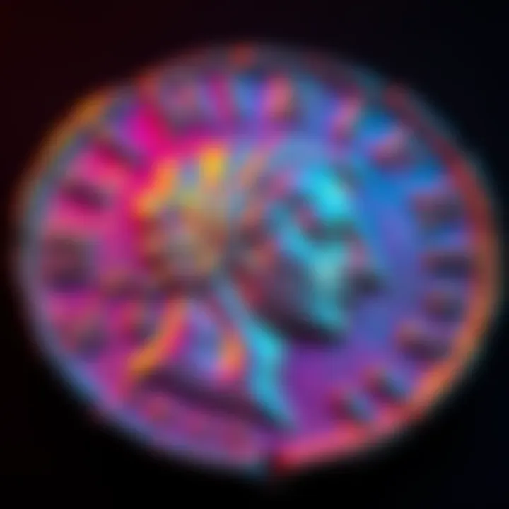 A close-up view of a rare AR Denarius coin showing vibrant rainbow colors reflecting under light, highlighting its unique toning.